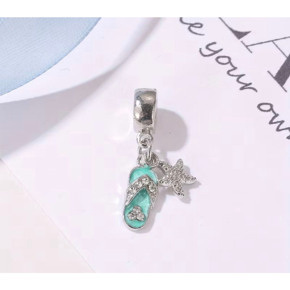 Women's Charm Bracelet One Size Silver Teal Flip Flop Starfish